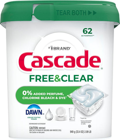 Cascade Free & Clear ActionPacs – Child-Safe Dish Detergent, Septic-Safe Plumbing Formula 47ct