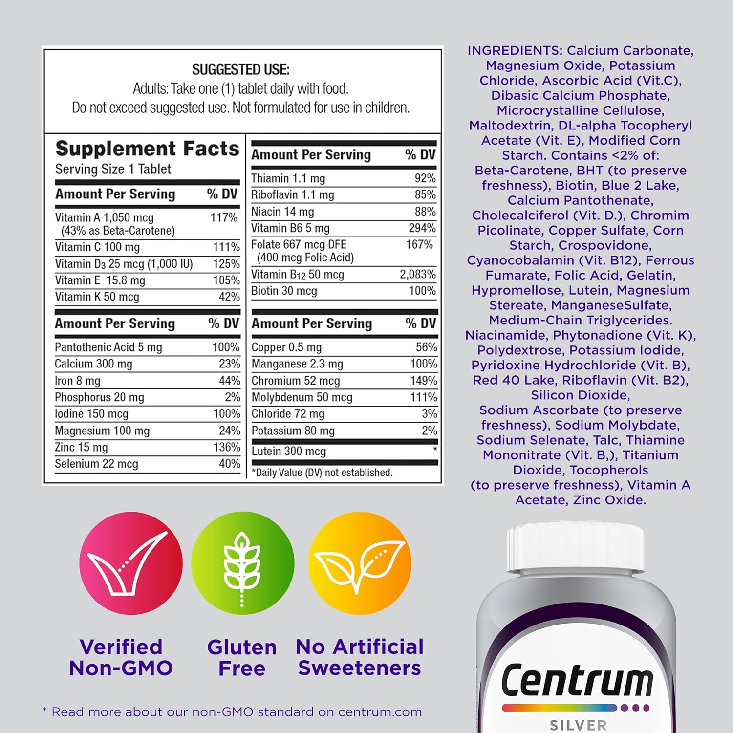 Centrum Silver Women's 50 Plus Multivitamin – Travel Supplement Pouch Essential for Working Women, 6-Month Bottle - 200 Ct