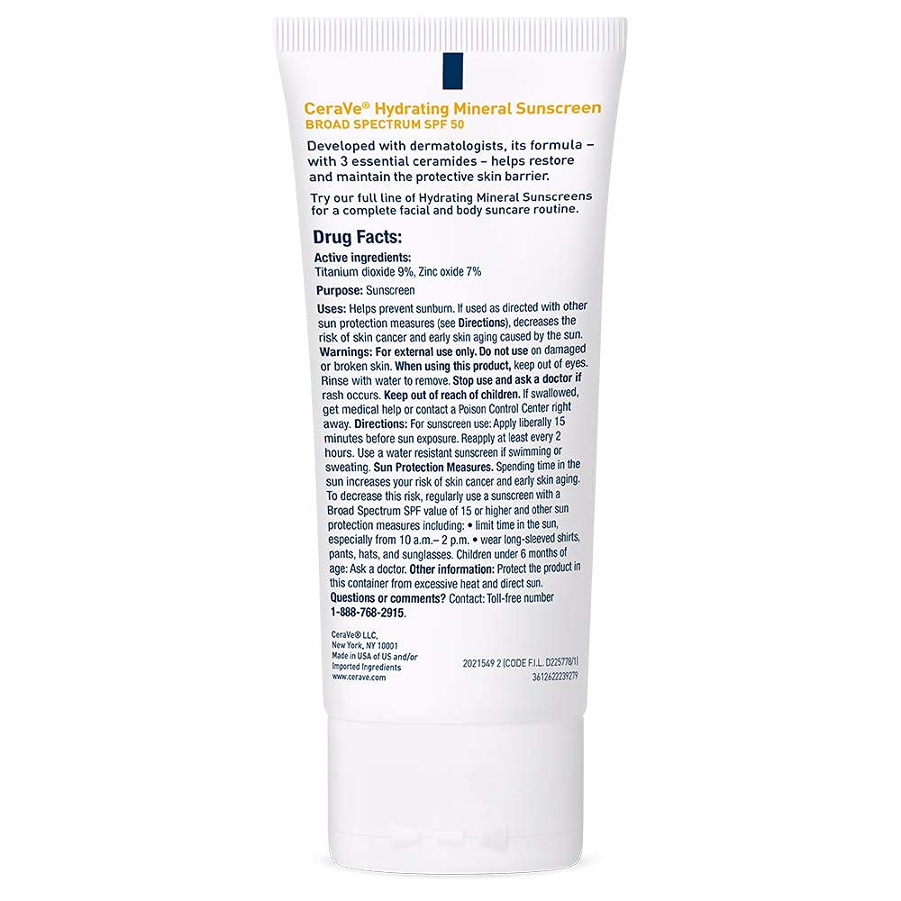 CeraVe 100% Mineral Sunscreen SPF 50 – Morning Skincare Ritual for Sensitive Skin, Ceramide Hydrating Face SPF