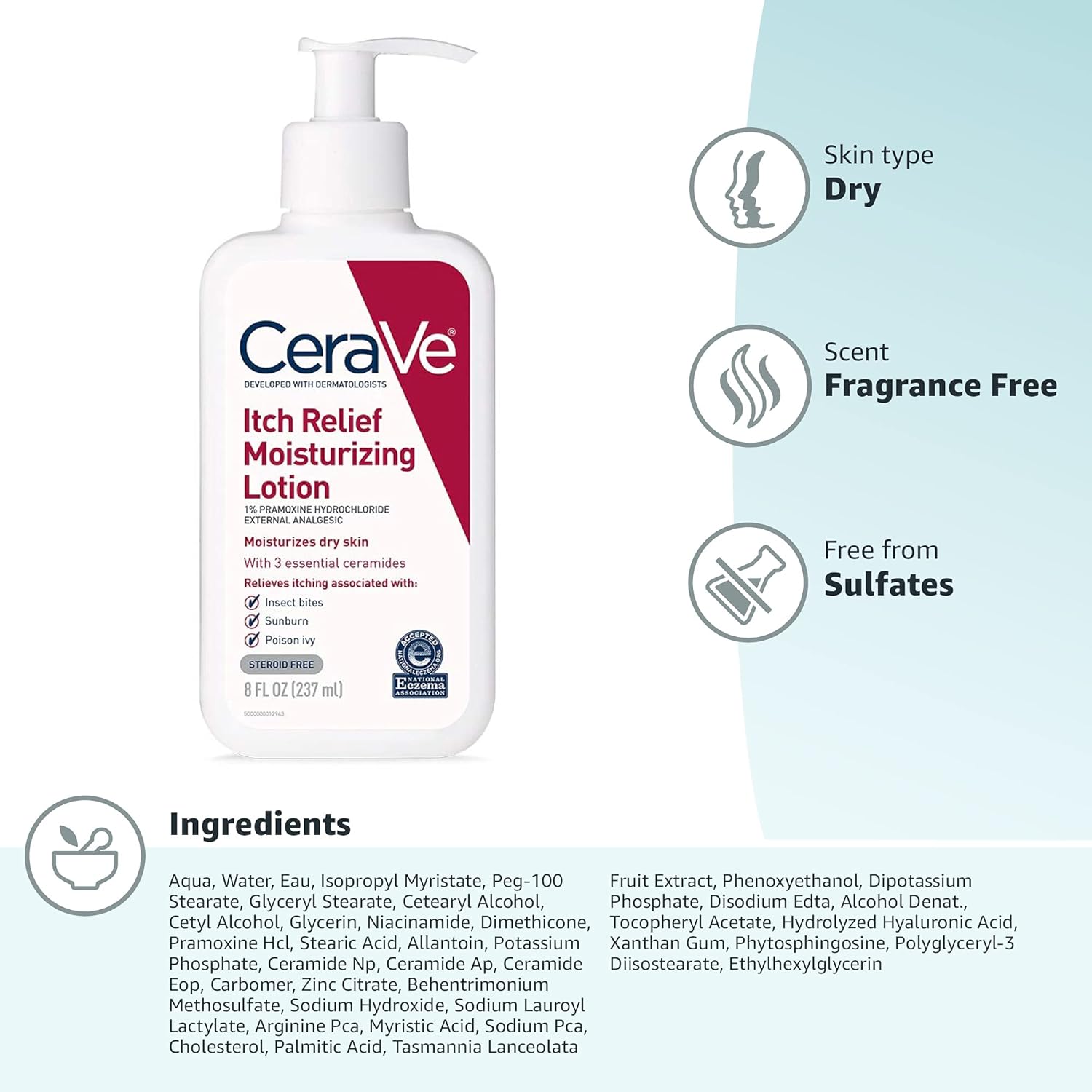 CeraVe Anti-Itch Lotion for Backyard and Patio Use, Travel Size Itch Relief for Mosquito Bites and Sunburn 8 oz