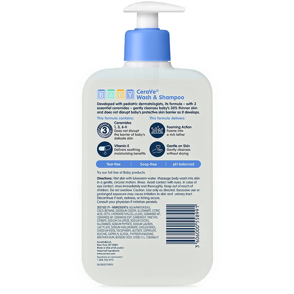 CeraVe Baby Wash & Tear-Free Shampoo – Gentle Daily Hair and Body Cleanser for Kids with Sensitive or Eczema-Prone Skin