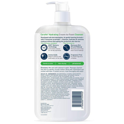 CeraVe Hydrating Cream To Foam Cleanser – Self-Care Daily Wash That Restores Moisture for Dry, Stressed Skin