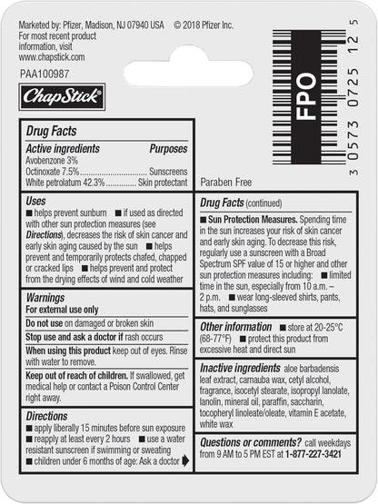 ChapStick Moisturizer Original Lip Balm – Sun and Wind Protection for Patio, Picnic and Trail Use, Broad-Spectrum SPF 15, Pack of 12