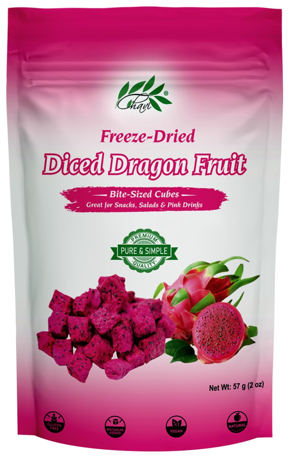 CHAVI Freeze-Dried Diced Dragon Fruit Snack - 2 Oz - Healthy 1 Ingredient Superfood - No Added Sugars or Preservatives - Non-GMO, Vegan, Gluten-Free