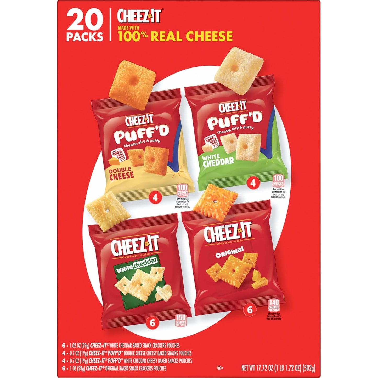 Cheez-It Cheese Crackers, Baked Snack Crackers, Office Break Room Snack for Team Meetings, Variety Pack, 17.72oz Box (20 Pouches)