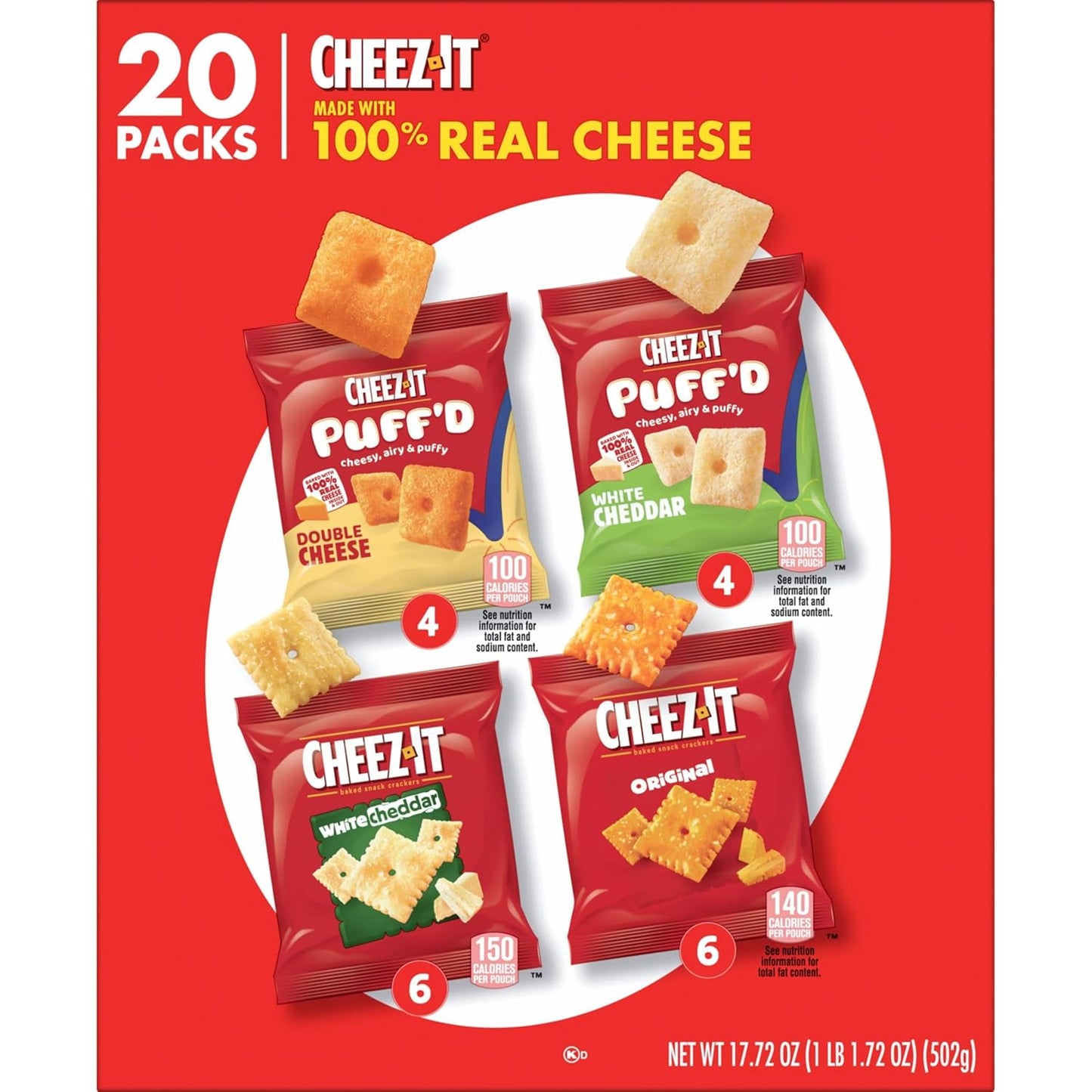 Cheez-It Cheese Crackers, Baked Snack Crackers, Office Break Room Snack for Team Meetings, Variety Pack, 17.72oz Box (20 Pouches)