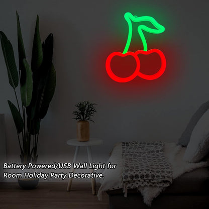 Cherry Neon Sign - Child Safe Nursery Wall Decor, Flexible Silicone LED for Kids Room