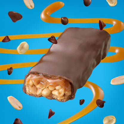 chewy caramel-peanut core coated in chocolate