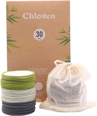 Chloven 30 Pack Reusable Makeup Remover Pads - Bamboo Cotton Rounds for Toner, Washable, Eco-Friendly for All Skin Types with Cotton Bag for Storage
