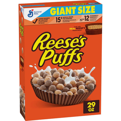 chocolatey peanut butter corn puff cereal made with real reese's peanut butter