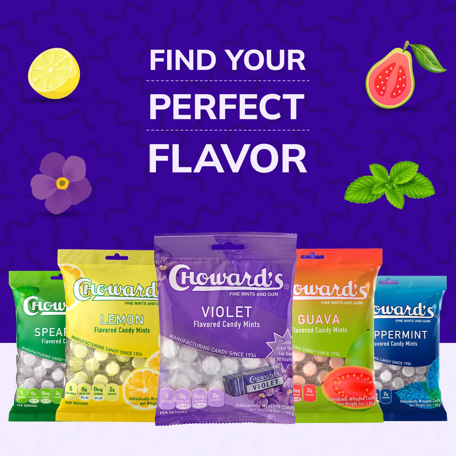 Choward's Violet Mints Candy Bag – Travel Companion for Long Trips, 3 Pack of 49 Individually Wrapped Mints