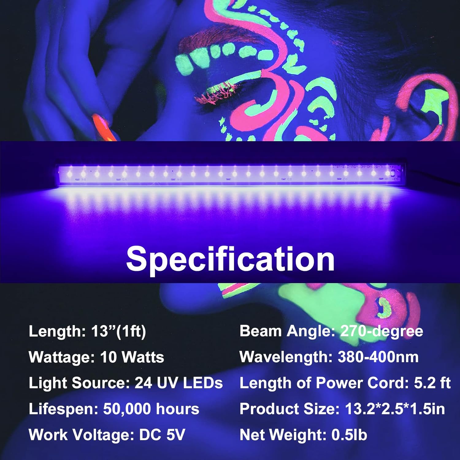 CICINY Black Light Bar – Flameless UV Lighting for Indoor Use, Flame-Retardant Housing & Cool Touch