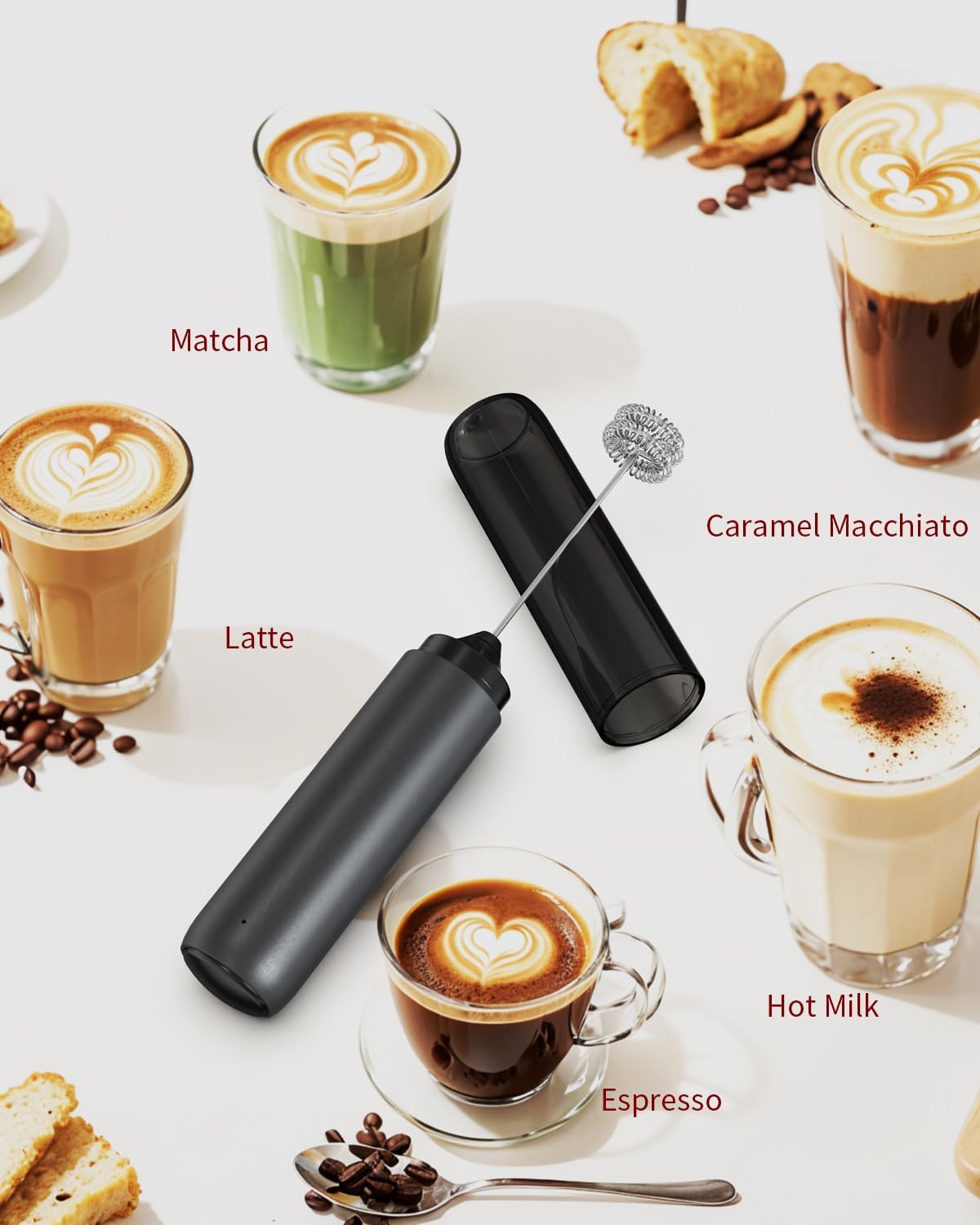 CIRCLE JOY Rechargeable Milk Frother – Clean Countertop Addition, Single-Button Electric Whisk in Neutral Beige and Silver