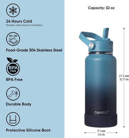 CIVAGO 32 oz Insulated Stainless Steel Water Bottle for Long Work Shifts
