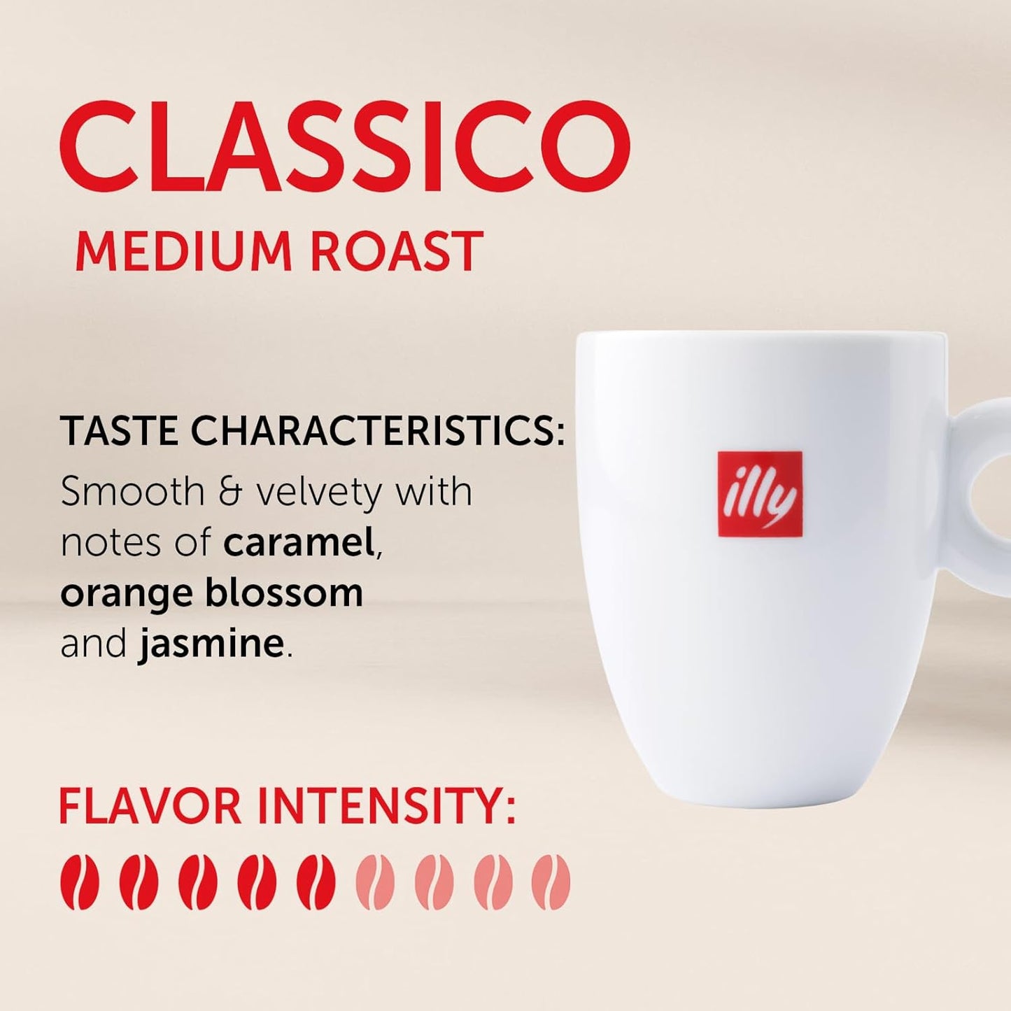 classico medium roast with notes of chocolate, caramel, orange blossom, and jasmine