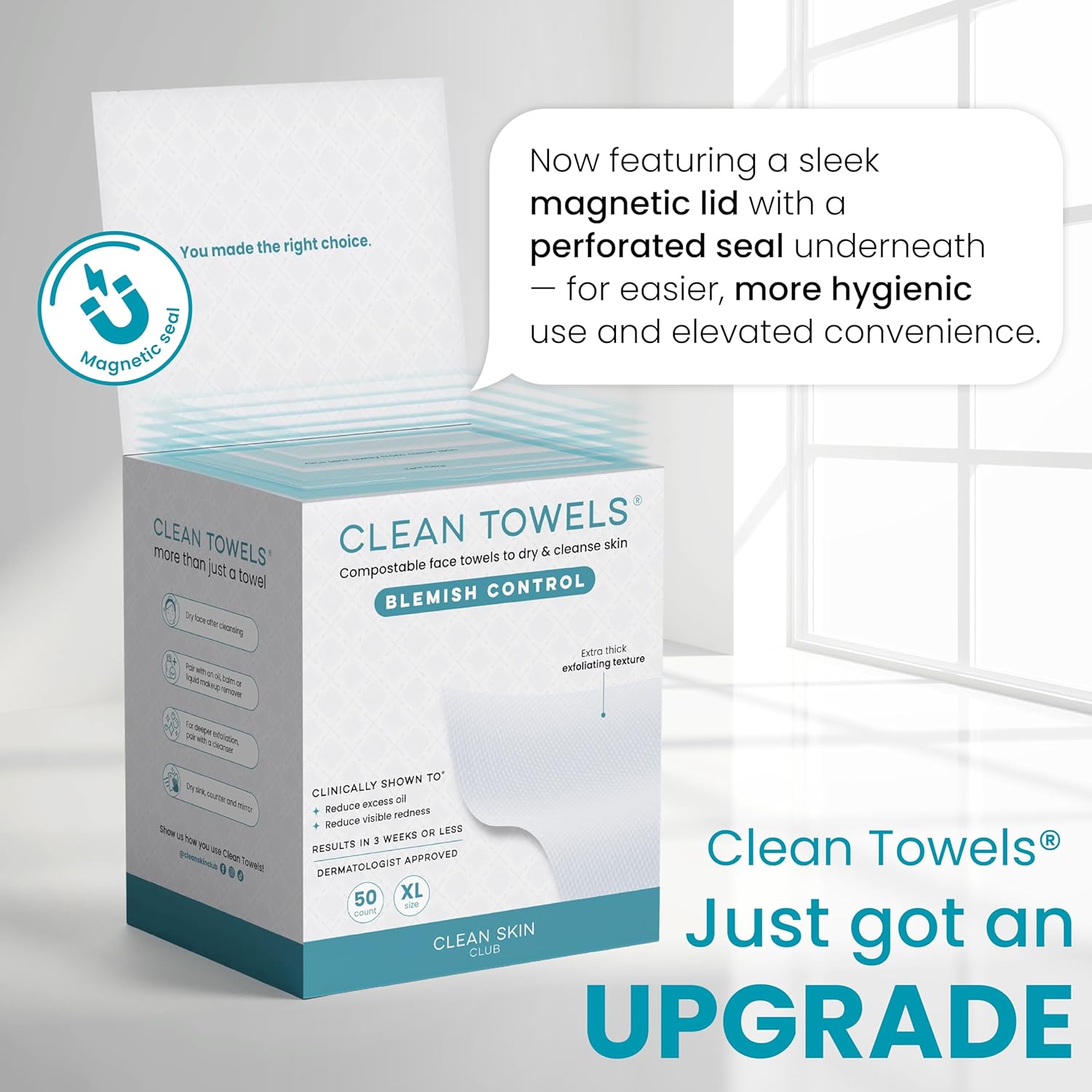 CLEAN SKIN CLUB Blemish Control Clean Towels XL – Gentle Single-Use Face Wipes for Teens and Teen Boys at Home, Exfoliating Yet Non-Irritating, 50 Count
