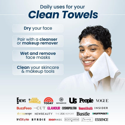 Clean Skin Club Clean Towels XL 50-Count Bamboo Face Towels in Luxe Holder, Thoughtful Birthday Gift for Women and Mom