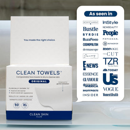 Clean Skin Club Clean Towels XL® – Clutter-Free Vanity Essential, Single-Use Unscented Face Towel