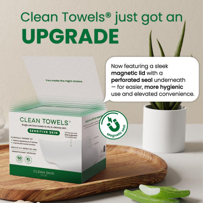 Clean Skin Club Clean Towels® XL Sensitive Skin – Hygienic Single-Use Face Towels to Prevent Bacterial Transfer, Dermatologist-Approved Dry Wipes, 50 Count