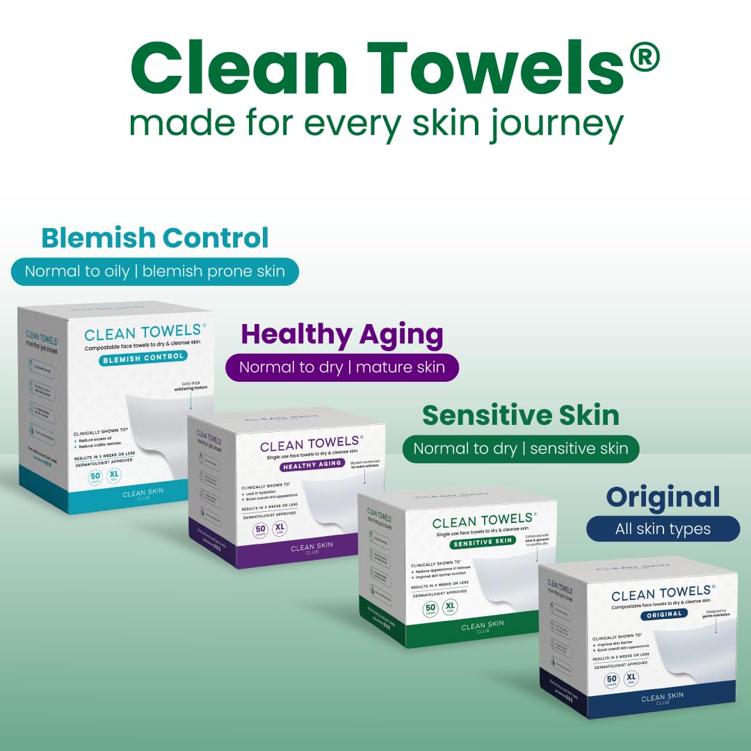 Clean Skin Club Clean Towels® XL Sensitive Skin – Hygienic Single-Use Face Towels to Prevent Bacterial Transfer, Dermatologist-Approved Dry Wipes, 50 Count