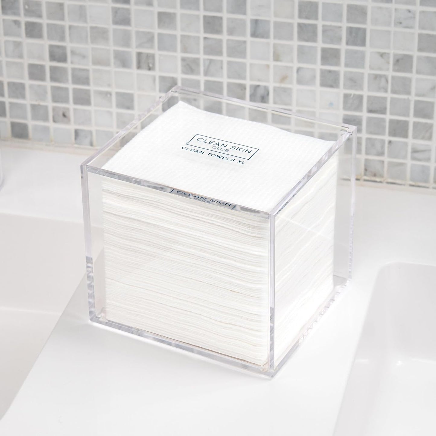CLEAN SKIN CLUB Clear Acrylic Towel Holder – Countertop Storage for 50 XL Disposable Face Towels, Minimalist Bathroom Organizer