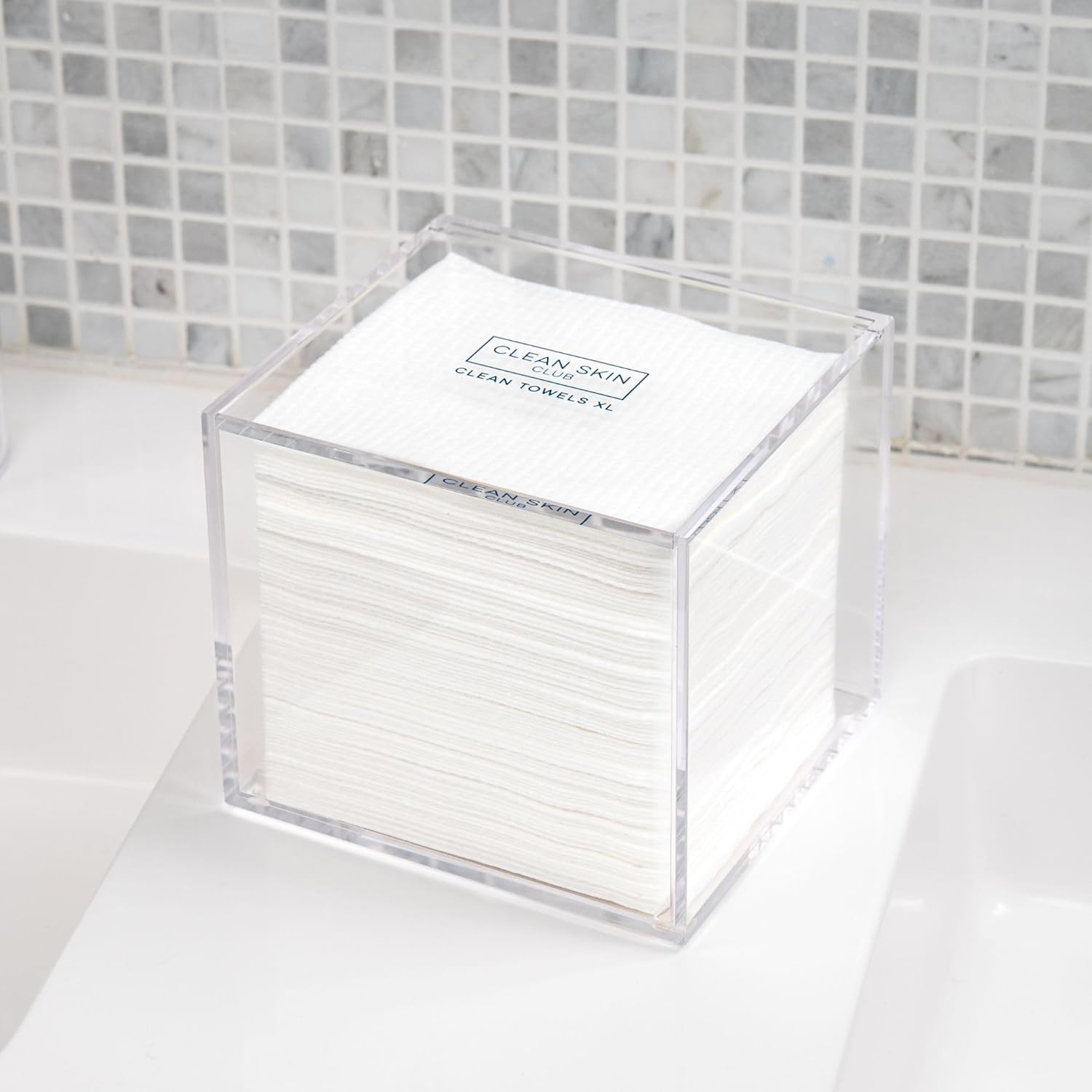 CLEAN SKIN CLUB Clear Acrylic Towel Holder – Countertop Storage for 50 XL Disposable Face Towels, Minimalist Bathroom Organizer