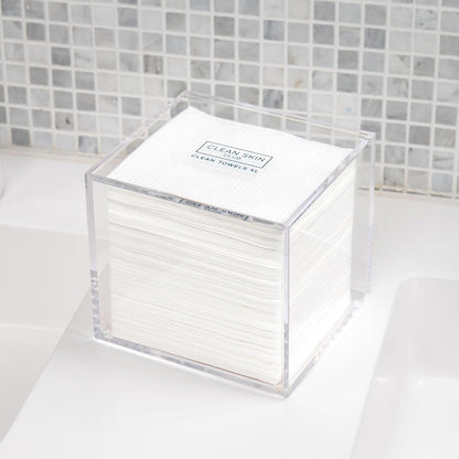 CLEAN SKIN CLUB Clear Acrylic Towel Holder – Countertop Storage for 50 XL Disposable Face Towels, Minimalist Bathroom Organizer