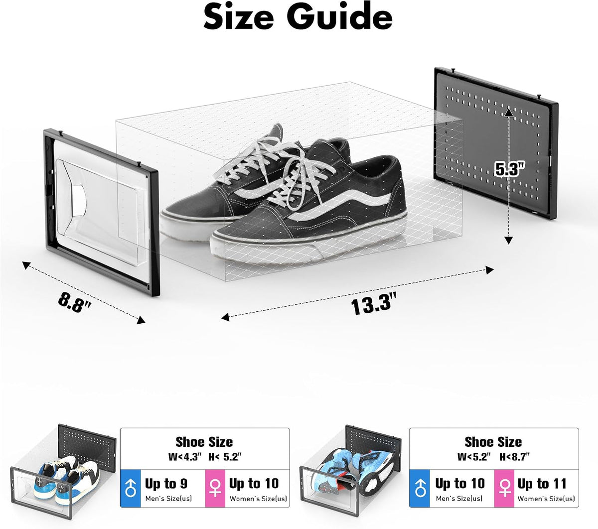clear hard-plastic body with transparent front door for instant shoe visibility