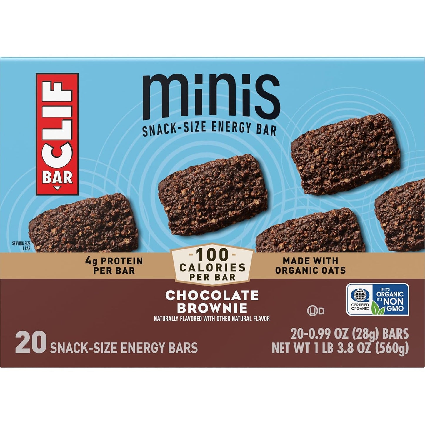 CLIF BAR Minis Chocolate Brownie – Compact 100-Calorie Energy Bars for Cycling, Running, and Backpacking, 20-Count Bag