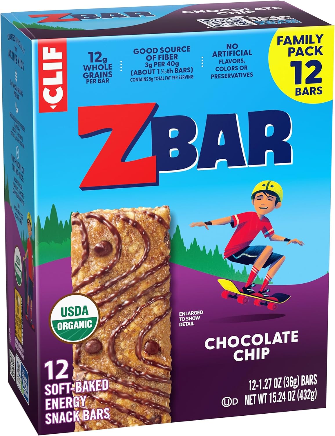 CLIF Kid Zbar Chocolate Chip Soft-Baked Bars for Hiking Trails, Bike Rides, and Park Outings – 12-Count Portable Organic Pack