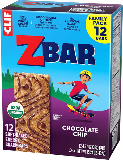 CLIF Kid Zbar Chocolate Chip Soft-Baked Bars for Hiking Trails, Bike Rides, and Park Outings – 12-Count Portable Organic Pack