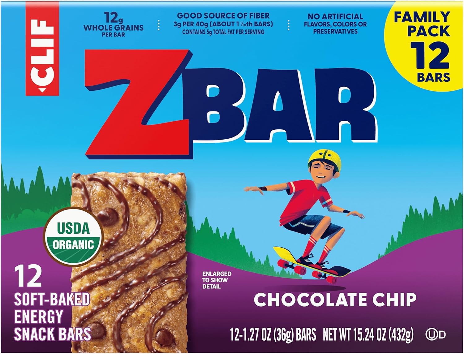 CLIF Kid Zbar Chocolate Chip Soft-Baked Bars for Hiking Trails, Bike Rides, and Park Outings – 12-Count Portable Organic Pack
