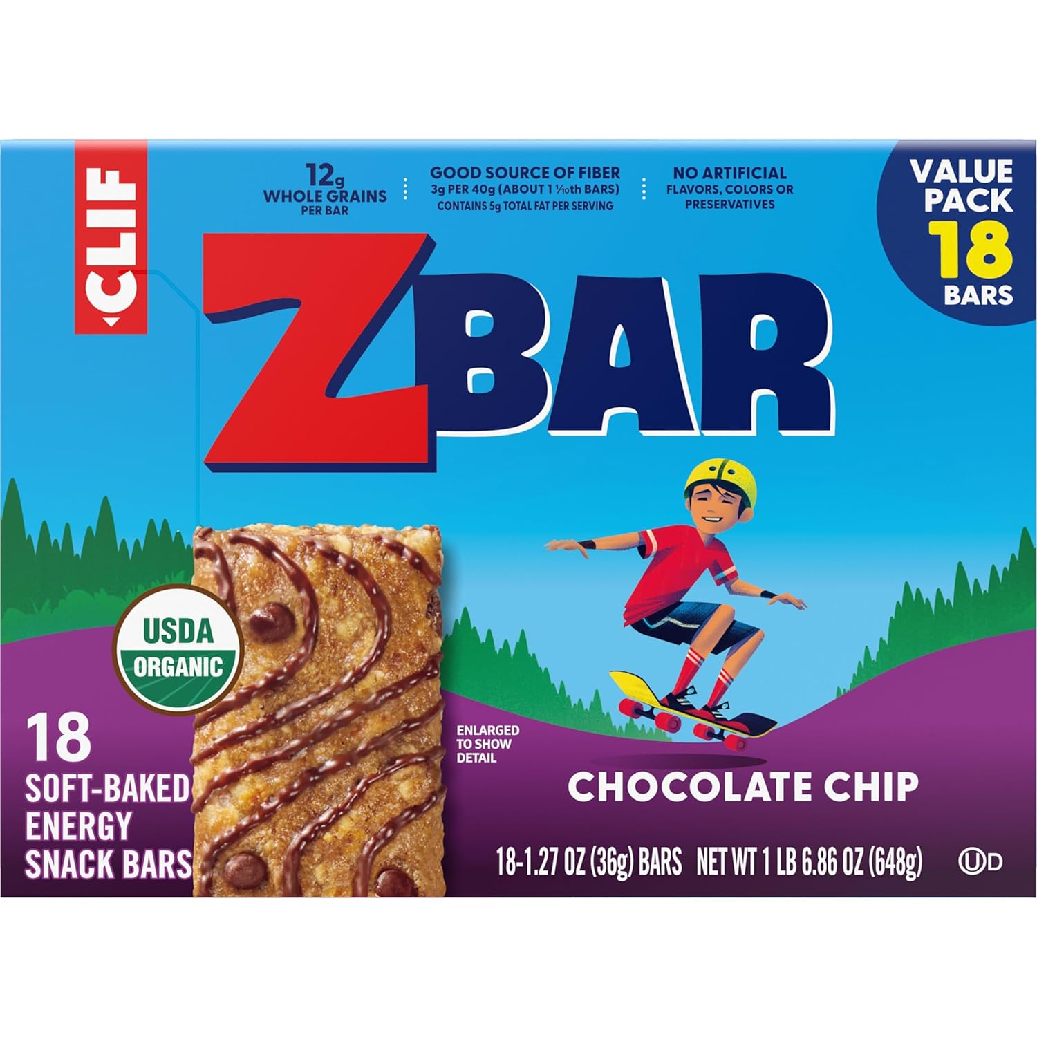 Clif Kid Zbar Chocolate Chip Soft-Baked Bars – Portable Organic Snack for Hiking Trails and Bike Rides (18 Pack)