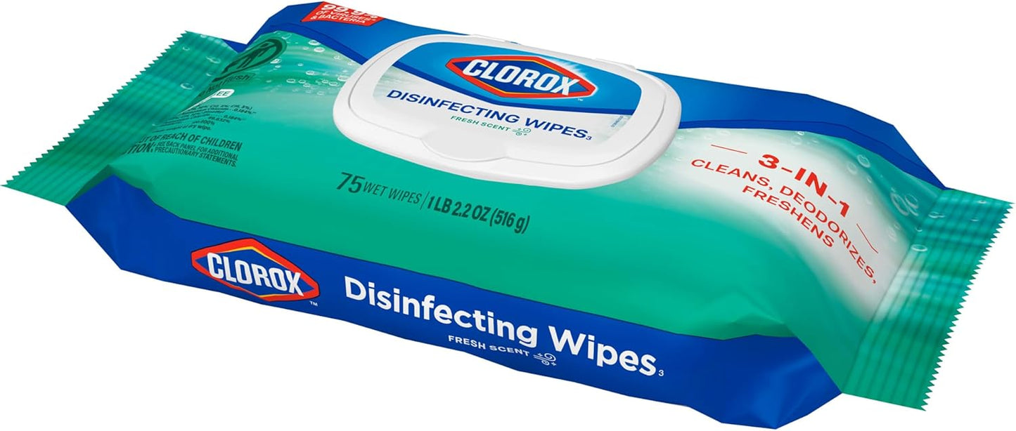 Clorox Disinfecting Wipes Flex Pack – 48-Hour Odor-Control Disinfecting Wipes for Bathroom and Home, Bleach-Free 75-Count Pack of 3
