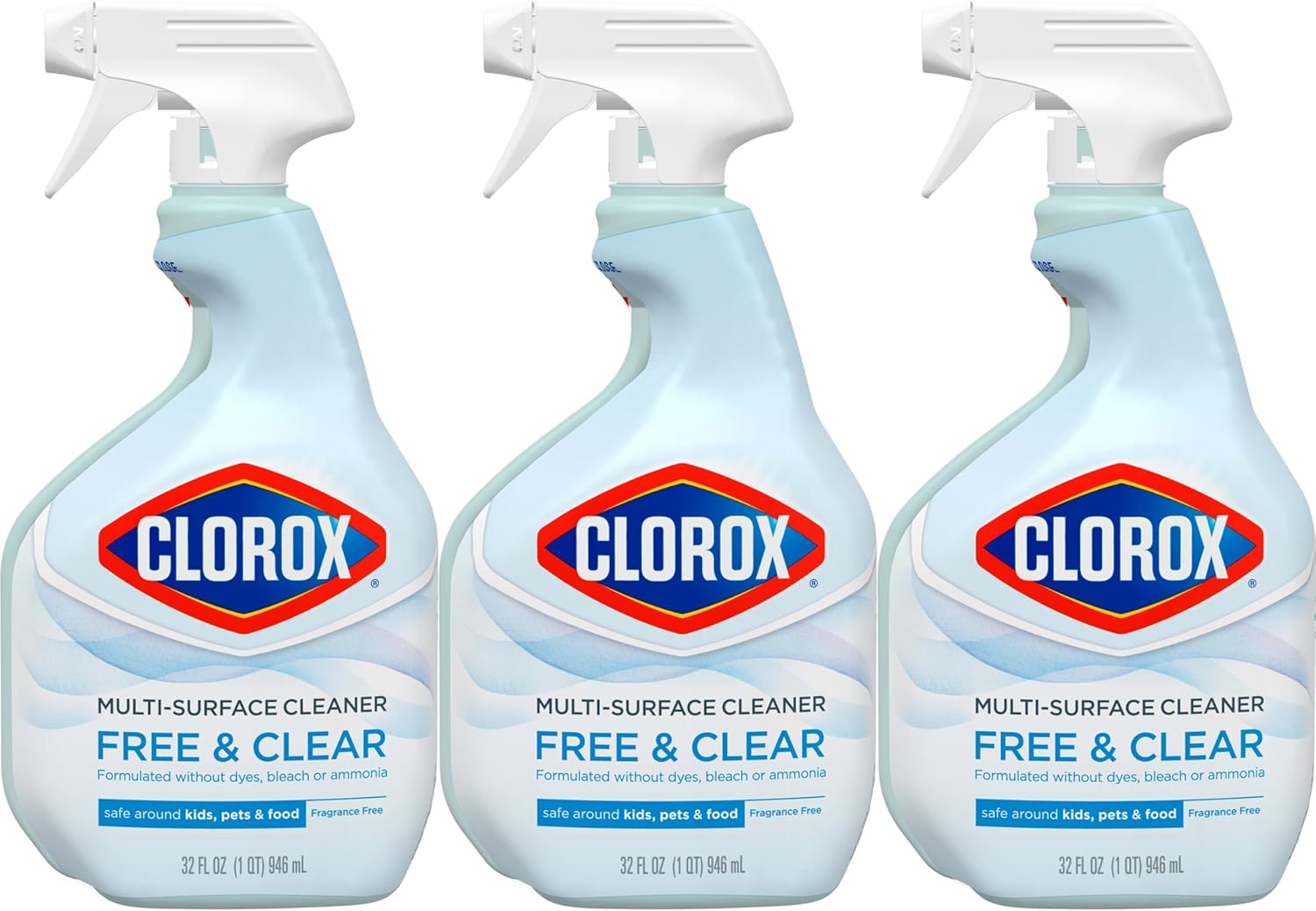 Clorox Free & Clear Multi-Surface Cleaner – Fragrance Free Spray for Asthma and Chemical Sensitive Homes, 32 oz, Pack of 3