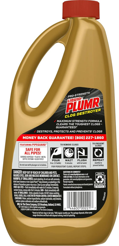 Clorox Liquid-Plumr Pro-Strength Clog Destroyer – Flameless Alternative to Harsh Chemical Drain Openers, 32 fl oz