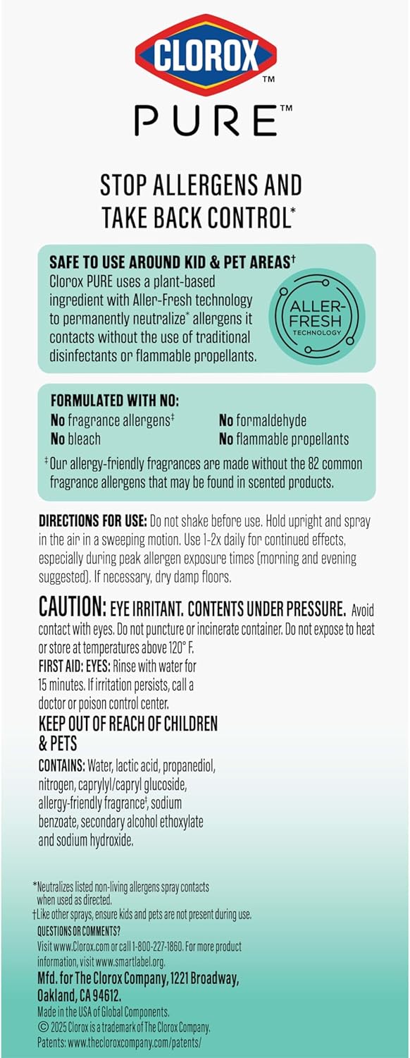 Clorox PURE Allergen Neutralizer Daily Air Spray – Kid-Safe Nursery Air Care with Allergen-Free Scent, 8 Ounces