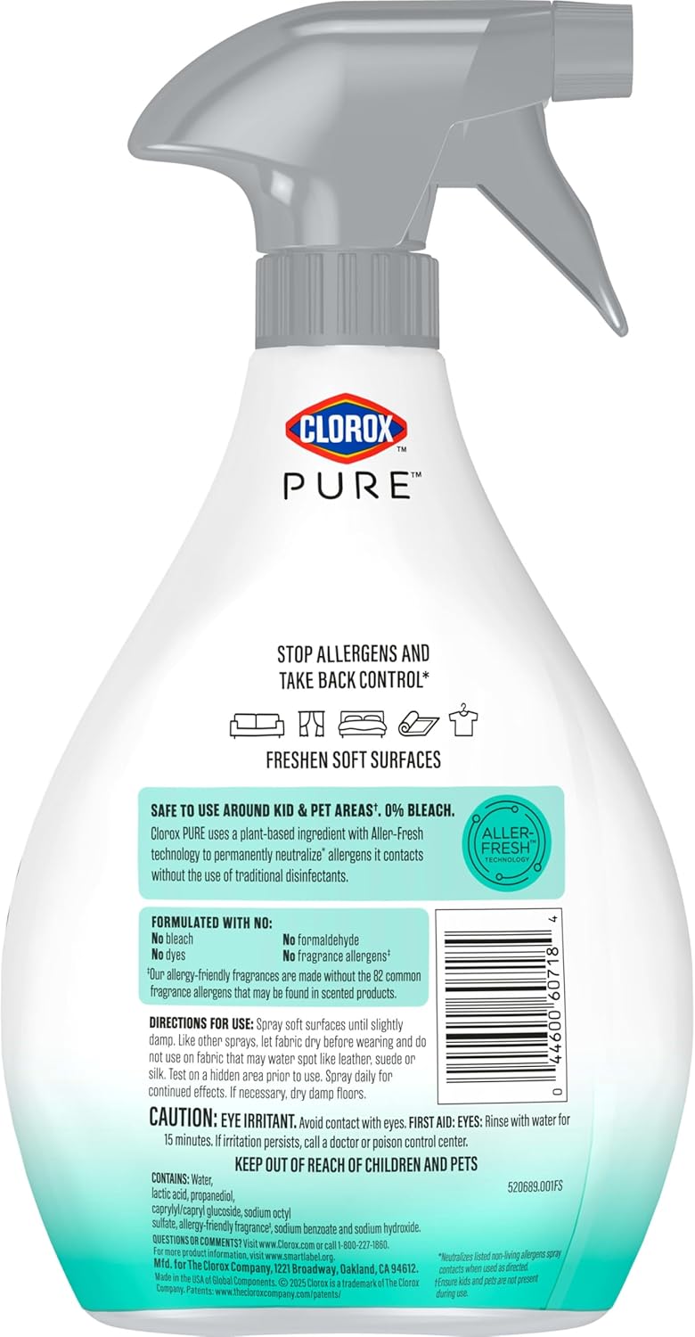 Clorox PURE Allergen Neutralizer Fabric Spray for Safer Indoor Air, Plant-Based Formula Without Flammable Propellants