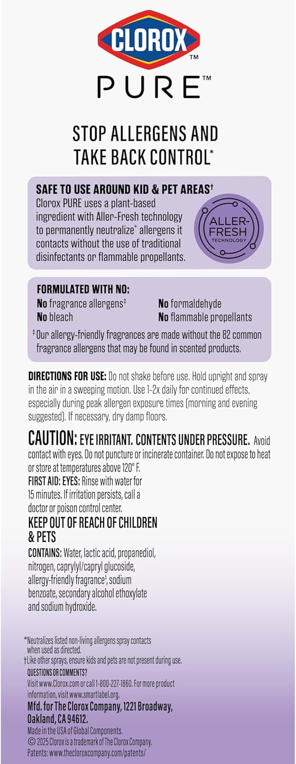Clorox PURE Allergen Neutralizer Nighttime Calm – Family-Safe Nursery and Playroom Air Spray for Daily Allergen Control
