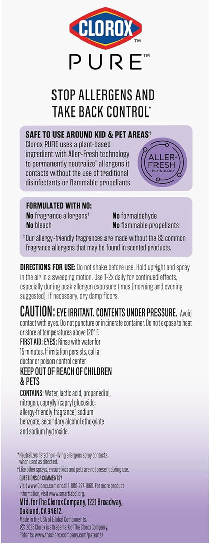 Clorox PURE Allergen Neutralizer Nighttime Calm – Family-Safe Nursery and Playroom Air Spray for Daily Allergen Control