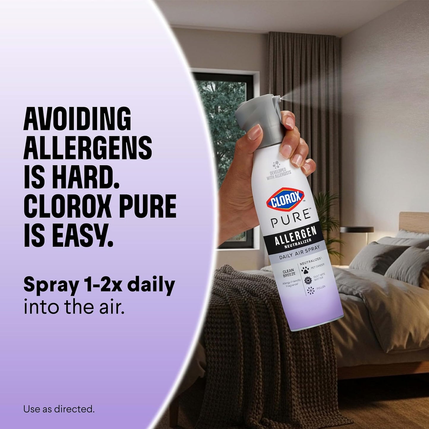 Clorox PURE Allergen Neutralizer Nighttime Calm – Family-Safe Nursery and Playroom Air Spray for Daily Allergen Control
