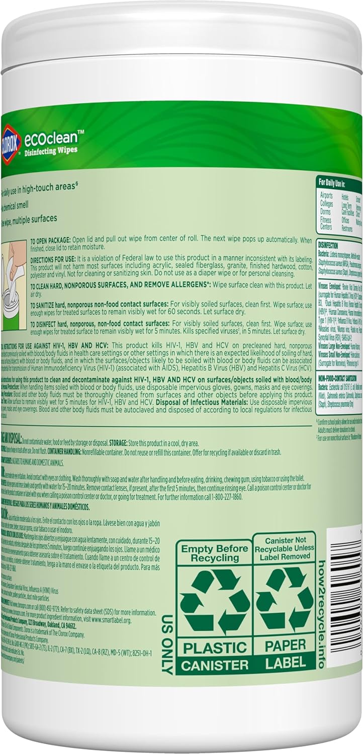 CloroxPro EcoClean Disinfecting Wipes – Unscented Bulk Canister Pack for Streamlined, Clutter-Free Cleaning Carts
