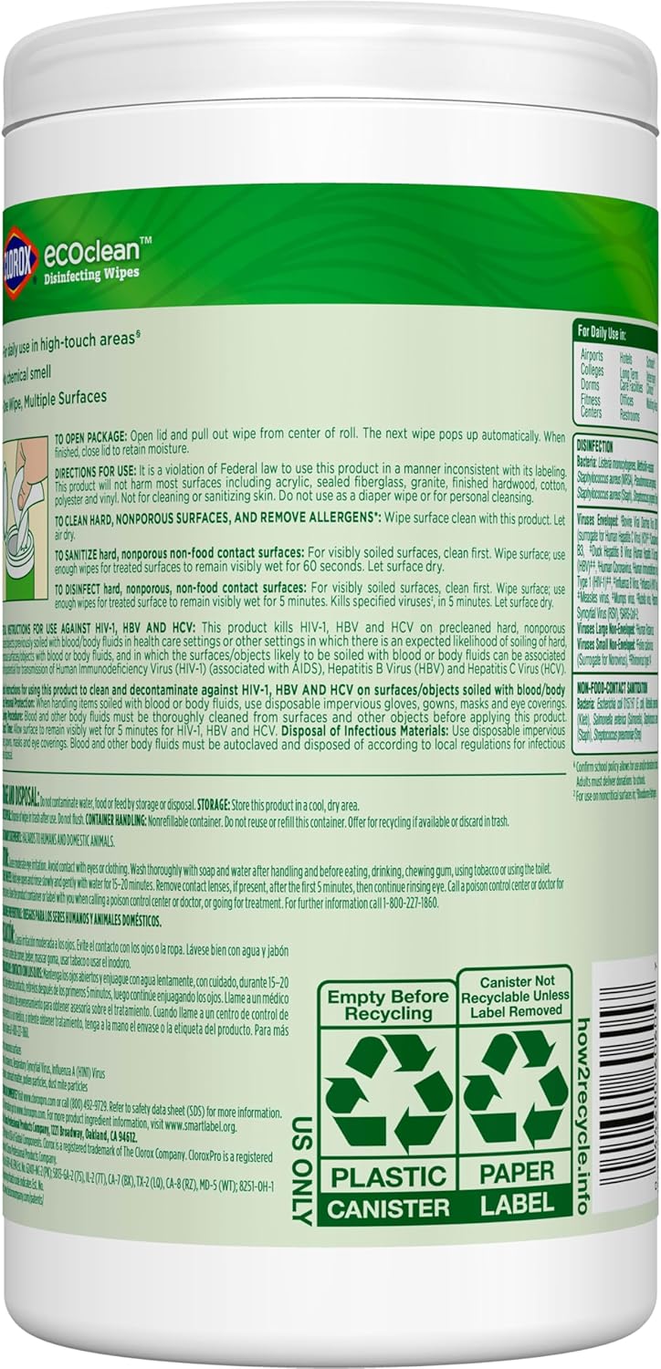 CloroxPro EcoClean Disinfecting Wipes – Unscented Bulk Canister Pack for Streamlined, Clutter-Free Cleaning Carts