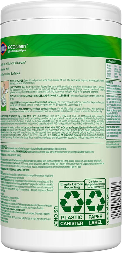 CloroxPro EcoClean Disinfecting Wipes – Unscented Bulk Canister Pack for Streamlined, Clutter-Free Cleaning Carts