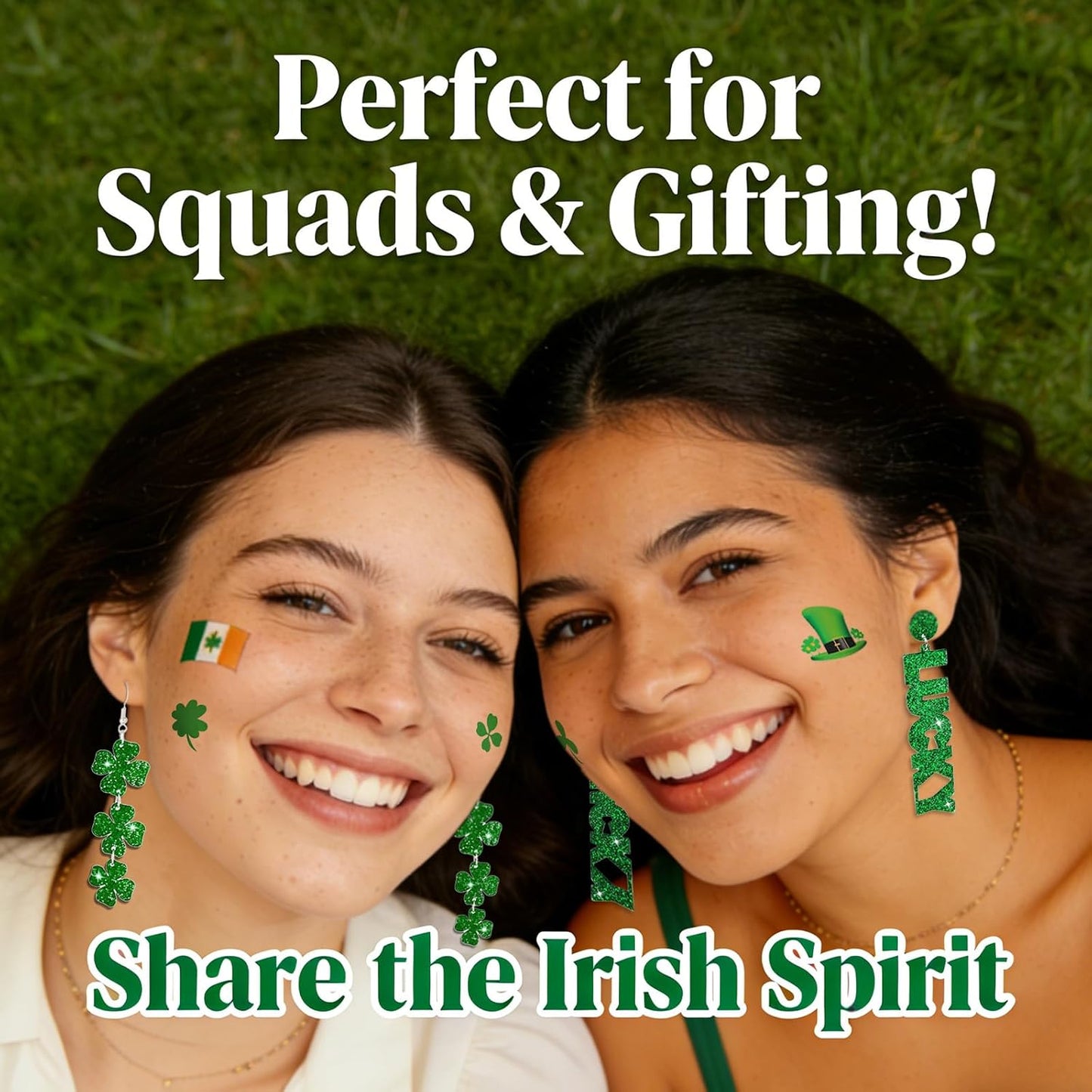 Clover Bloom St Patricks Day Earrings and Tattoos Set – Fun Birthday Gift for Her with 3 Pairs of Shamrock Earrings and Temporary Tattoos
