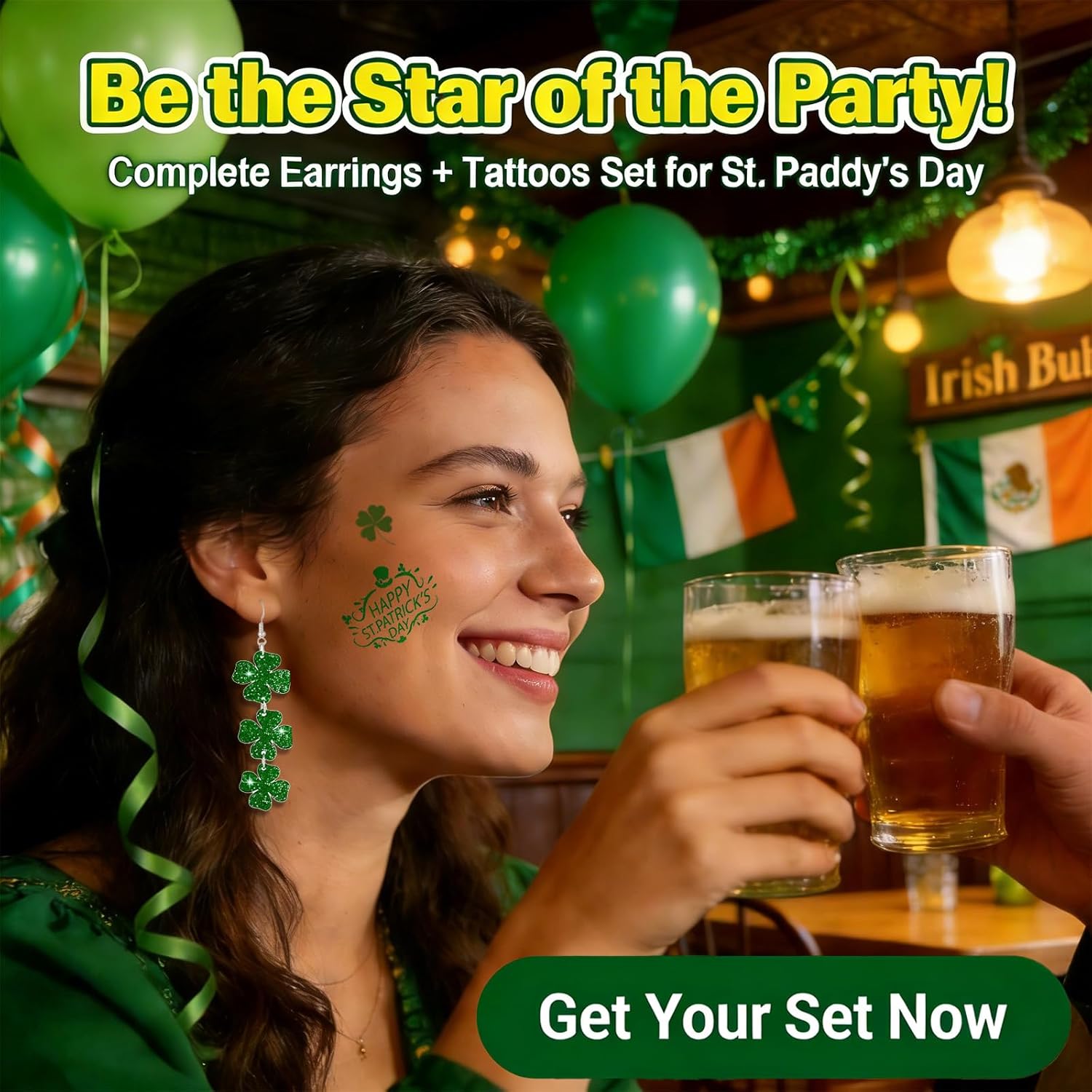 Clover Bloom St Patricks Day Earrings and Tattoos Set – Fun Birthday Gift for Her with 3 Pairs of Shamrock Earrings and Temporary Tattoos