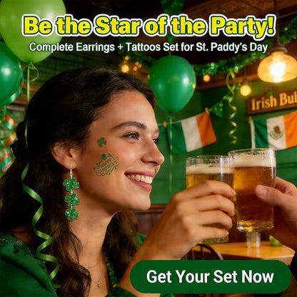 Clover Bloom St Patricks Day Earrings and Tattoos Set – Fun Birthday Gift for Her with 3 Pairs of Shamrock Earrings and Temporary Tattoos