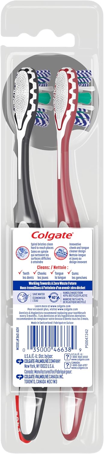 Colgate 360 Optic White Advanced Whitening Toothbrush – Mindful Daily Oral Care Ritual for Brighter Smiles, 2 Pack