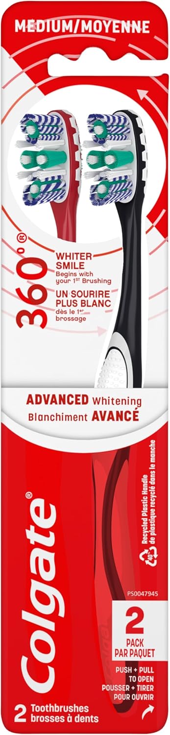 Colgate 360 Optic White Advanced Whitening Toothbrush – Mindful Daily Oral Care Ritual for Brighter Smiles, 2 Pack