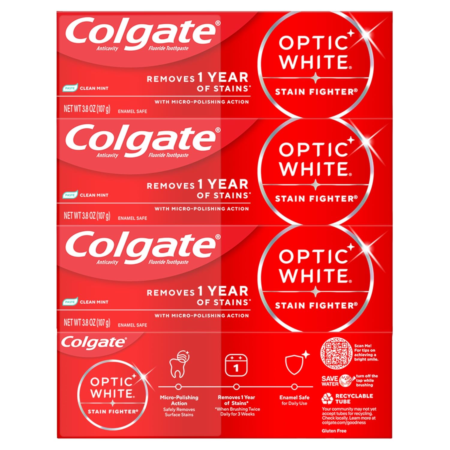 Colgate Optic White Stain Fighter Clean Mint Paste – Daily Self-Care Toothpaste for a Confident Morning Routine